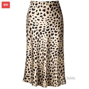 Silk Satin Midi Skirt High Waist Elastic Leopard Print Women's Size M